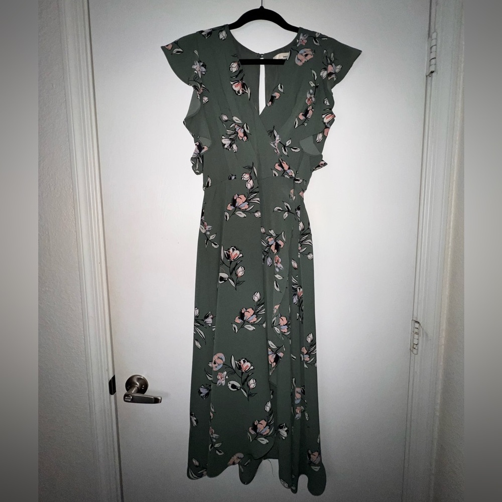 Floral Ruffle Wrap Maxi Dress in Olive Green